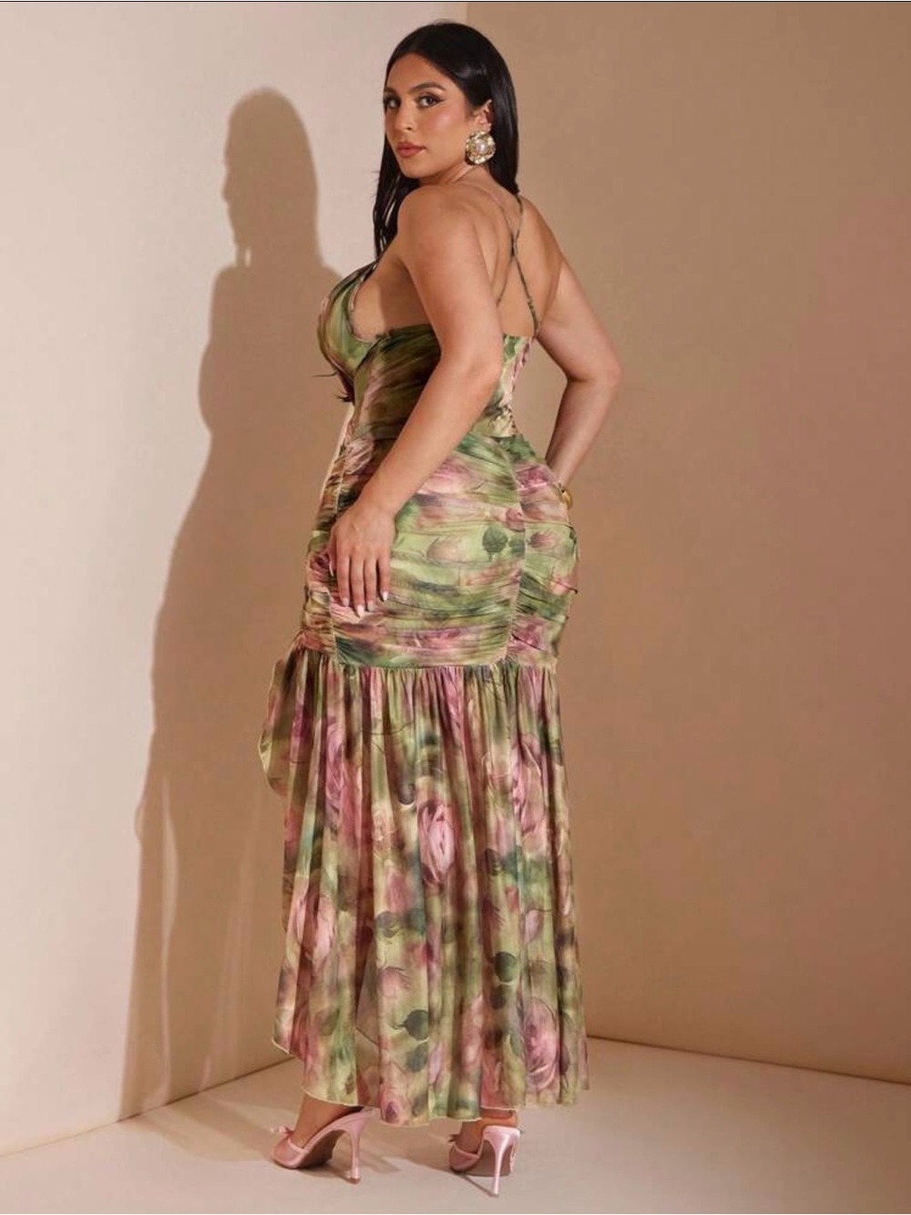 SHEIN Green and Pink Floral Cowl Ruched Maxi Dress - Picture 2 of 3